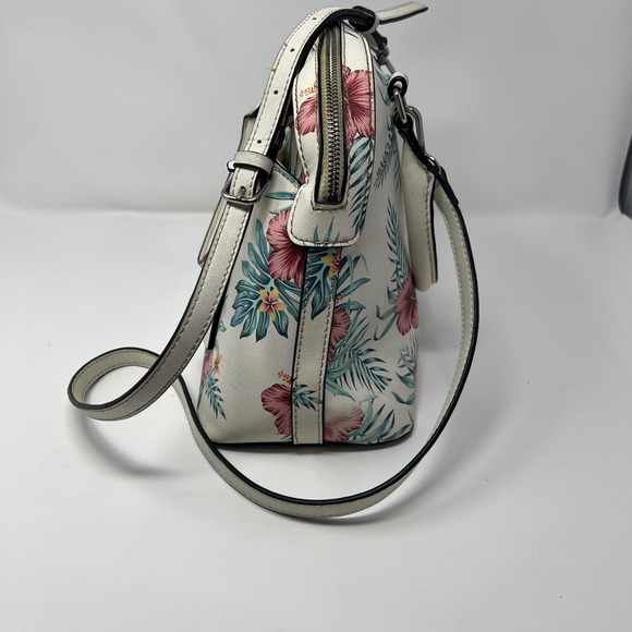 GUESS White Floral Tropical Hibiscus Dome Satchel Crossbody Bag Silver Hardware - Picture 6 of 16